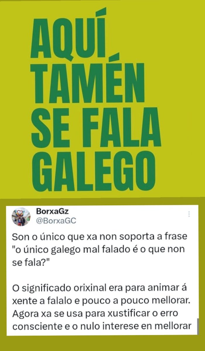 carallochosco's tweet image. 🛰#FalaGalego🛰

Estou con Borxa, hai que lle perder o medo as linguas non o respeto aos seus falantes. 

Falar galego non é chapurrear un idiolecto macarroncio, castrapeiro e vergoñento.

Falar galego é quererlle ao idioma, agarimar a súa xente e facer país.

#GalizaCalidade