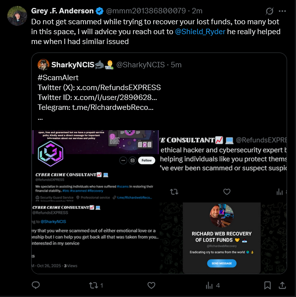 SharkyNCIS's tweet image. #ScamAlert 
Twitter (X): x.com/mmm201386800079
Twitter ID: x.com/i/user/1626518…

Twitter (X): x.com/Shield_Ryder
Twitter ID: x.com/i/user/1330520…

Scammer spamming his alt. account on twitter. 
@Safety  

#SCAMMER #FAKEHACKER #RECOVERYFUNDSCAM #RECOVERYFUNDISASCAM