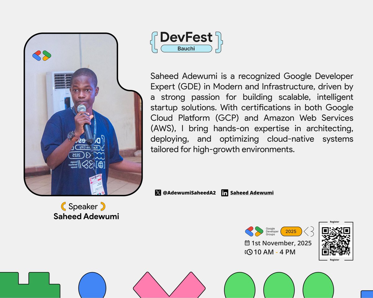 SPEAKER ANNOUNCEMENT! 🔊

We're honoured to have Saheed Adewumi (<a href="/AdewumiSaheedA2/">Saheed Adewumi</a>) speaking at #DevFestBauchi 2025!

Saheed is a GDE (Modern and Infrastructure) with deep, hands-on expertise in both GCP &amp; AWS. Get ready to learn about scalable, cloud-native systems!