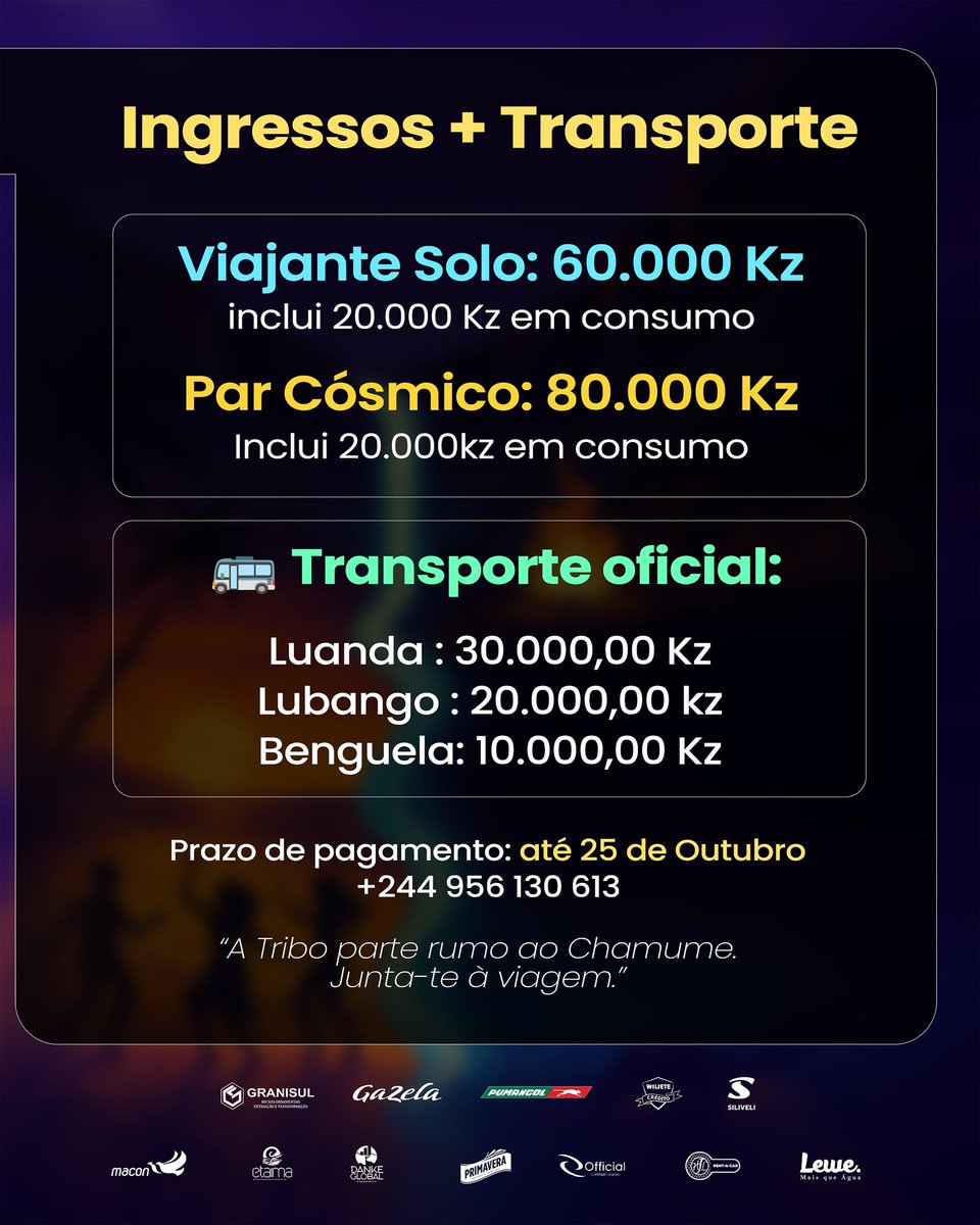 Tribo da boa vibe!
O evento mais alternativo de Angola começa AGORA.
Quem está, está! Quem ficou de fora… já sabe!

🎟️ Últimos ingressos, em  exclusivo no <a href="/uzeka/">Ümit Zafer Karakuş</a>.app até 31 de Outubro.
Depois… já era.

Quem viver, vai contar. 💚

<a href="/cervejacuca/">Cerveja Cuca</a> 
@jamesonangola 
@vinus_sogrape