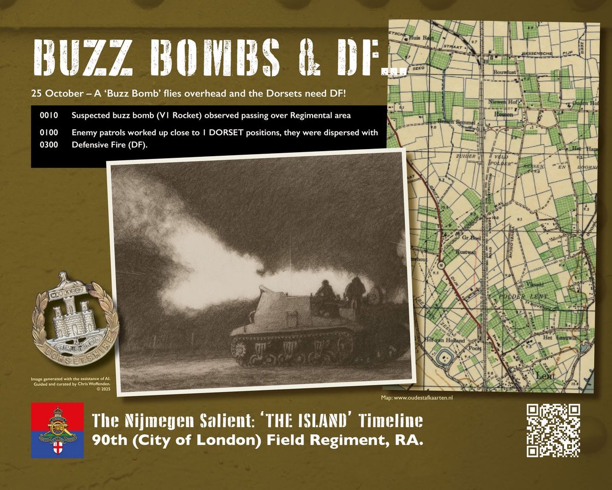 On this day: A 'Buzz Bomb' flies over the Regimental area, and the Dorset Regiment is in need of Defensive Fire...

 #OTD #royalartillery #ww2history #ww2 #northbrabant #gunners #25pdr #sexton #nijmegen #theisland #betuwe #autumn1944 #arnhem #elst #luftwaffe