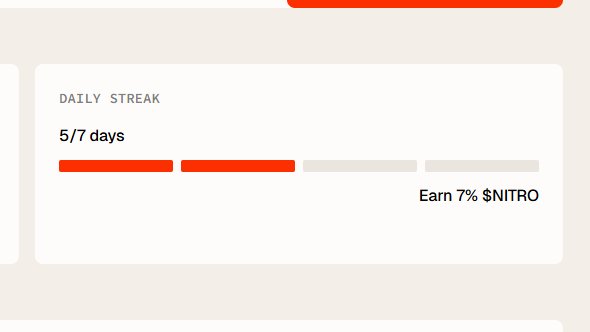 Fifth day of Streak on <a href="/nitrograph/">Nitrograph</a> . 
Each streak increases the percentage of tokens you accumulate every hour.
The more streaks you have, the more tokens you collect daily.
Testnet ON!