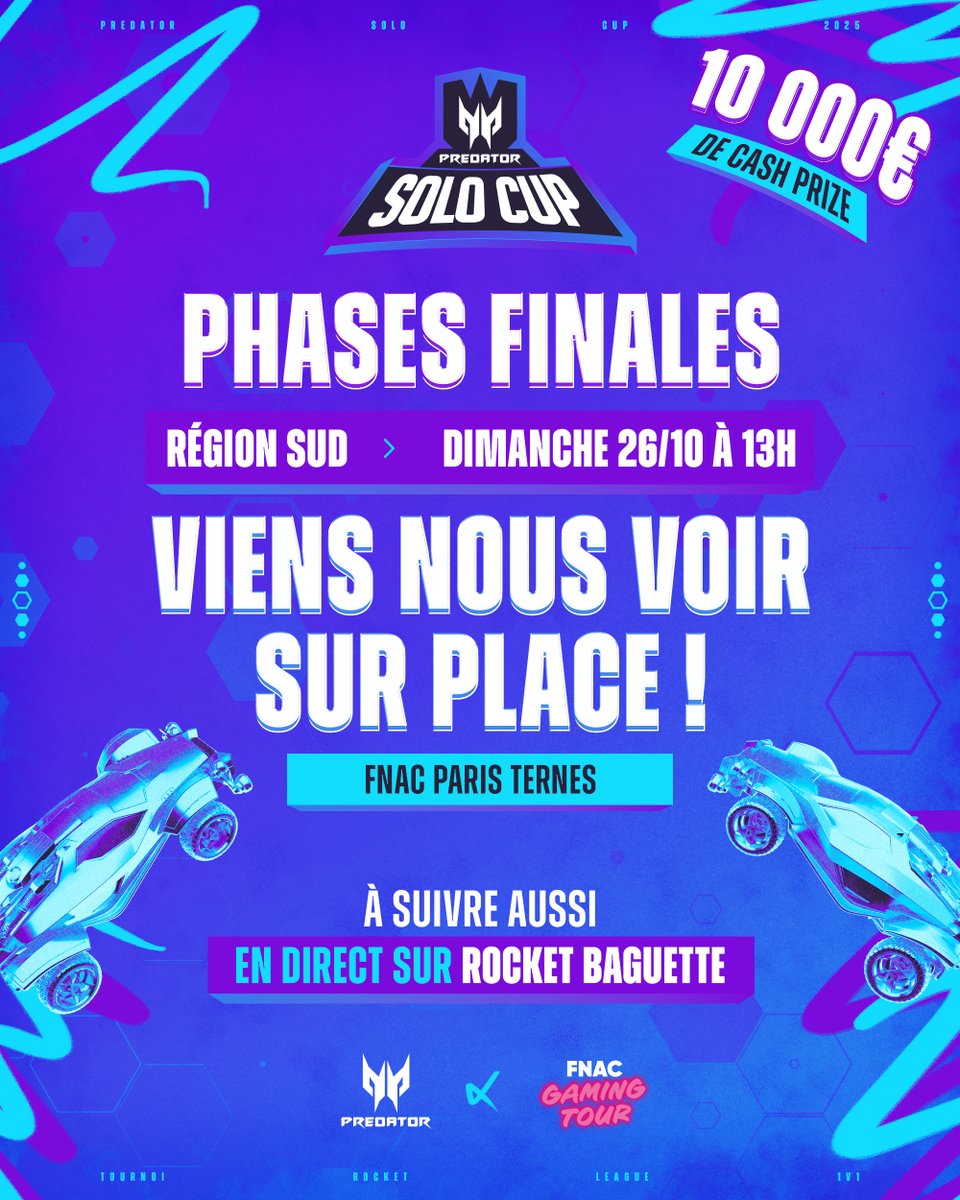 RocketBaguette's tweet image. 🏆 Les PHASES FINALES SUD de la @PredatorFrance Solo Cup commencent dans quelques heures ! ⌚️

Avec @mawkzy1, @17saizen, @Tjester9, @IryzerRL et tous les autres TOP JOUEURS 1V1 de la Région Sud ! ☀️

📍 RDV à la @Fnac Paris Ternes (gratuit) pour rencontrer les casters et les…