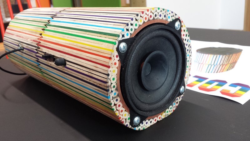Kitronik's tweet image. Pupils at Merchant Taylor's School created this innovative High Power #Amplifier enclosure using coloured pencils. It's colourful, stylish and very pleasing to look at! #dt 
kitronik.co.uk/blog/high-powe…