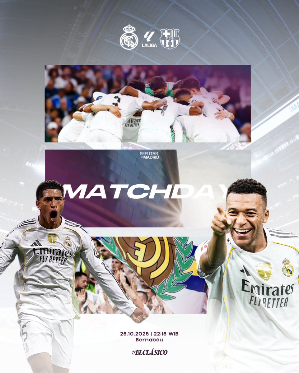 🚨 It’s 𝗠𝗔𝗧𝗖𝗛𝗗𝗔𝗬!

🏆 #LALIGAEASPORTS Jornada 10
⚔️ Real Madrid 𝗫 Barcelona
🏟 Santiago Bernabéu
🗓 Minggu, 26 Oktober
⏰ 22.15 WIB
📺 BeIN Sports &amp; Vidio.

¡VAMOOOS REAL! 🤍