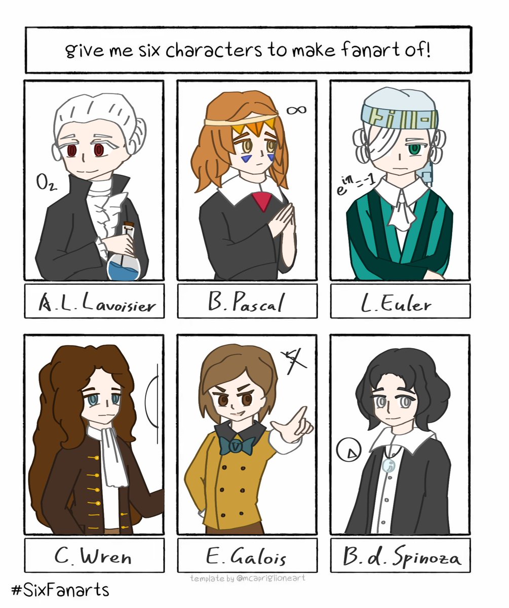 Asthenosphere19's tweet image. Finally I finished this #SixFanarts but it was under my expectation😭(?) 
#Lavoisier #Pascal #Euler #Wren #Galois #Spinoza