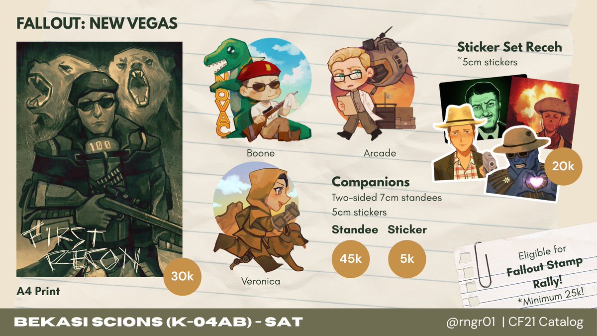 rngr01's tweet image. [❤️ &amp;amp; 🔄 appreciated!]
My final OTS catalog!

📍Bekasi Scions (K-04ab)
📆 Day 1 only!
✒️ Fallout, Guilty Gear, Final Fantasy XIV (FFXIV), Project Moon (Limbus Company, Lobotomy Corporation), Monster Hunter, Umamusume, mahjong, trades &amp;amp; more

#cf21 #cf21catalogue #comifuro21
(1/4)
