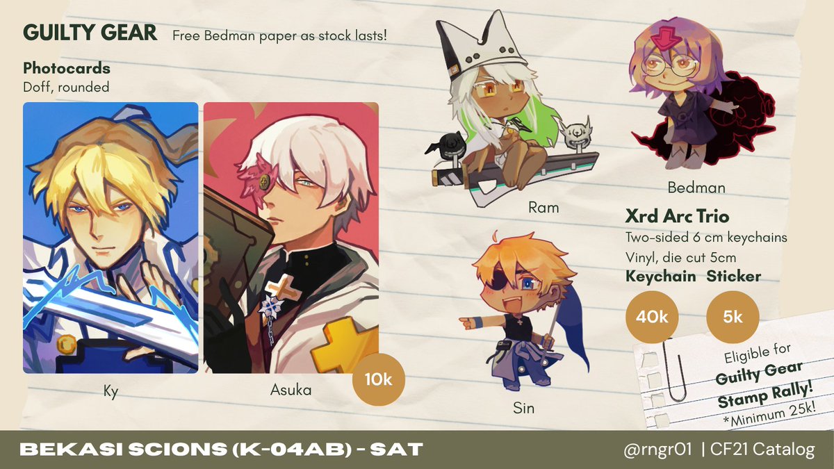 rngr01's tweet image. [❤️ &amp;amp; 🔄 appreciated!]
My final OTS catalog!

📍Bekasi Scions (K-04ab)
📆 Day 1 only!
✒️ Fallout, Guilty Gear, Final Fantasy XIV (FFXIV), Project Moon (Limbus Company, Lobotomy Corporation), Monster Hunter, Umamusume, mahjong, trades &amp;amp; more

#cf21 #cf21catalogue #comifuro21
(1/4)