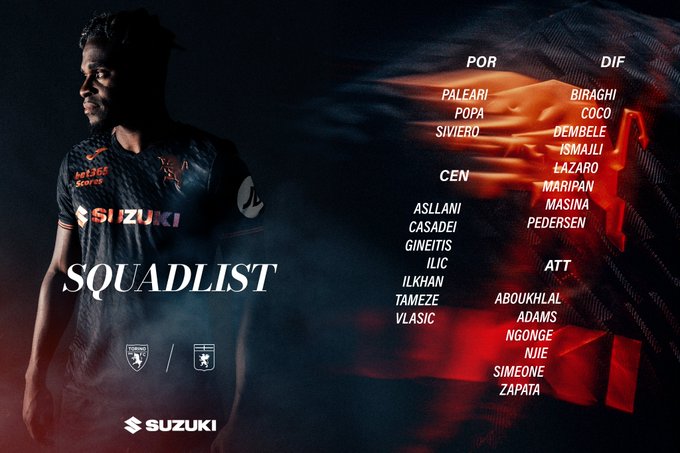 Graphic image showing Torino FC squad list for a match, divided into sections for goalkeepers, defenders, midfielders, and attackers with player names like Ilican Abdi, Svinaro, Poga, Dembele, Palermo, Biraghi, Assani, Maripan, Genius, Pedersen, Takhin Abdi, Vlasic, Ngueme, Simone, Zapata. Central photo of a male player in dark Torino jersey looking at camera, with sponsor Suzuki logos and team crests visible.