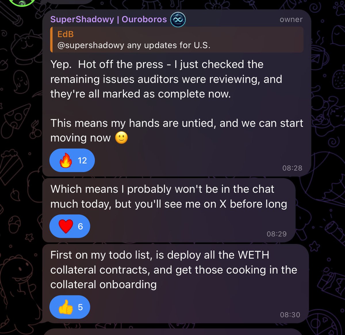 TraderLi's tweet image. The audits are complete. ✅

SuperShadowy’s hands are untied and deployment begins.

WETH collateral contracts are first on the list.

The next phase starts now. 🌀

$TitanX #BuildOnTitanX #Ouroboros $ORX #DeFi #Ethereum