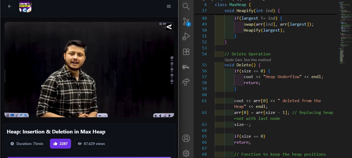 yashanshhhraj's tweet image. Day 3 of posting my DSA Journey with @rohit_negi9 Bhaiya.

What I learnt today:
1. Heap in DSA.
2. Implementation of MaxHeap in C++.

HW: Implementing MinHeap... Done✅

#DSA #TechTwitter #CodeSnippet #Programming