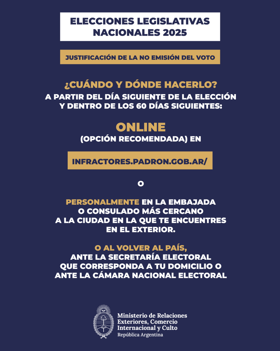 ARGenSenegal's tweet photo. Si este domingo se encuentra fuera del país y no puede emitir su voto, dispone de 60 días para justificar su ausencia. Se recomienda hacerlo de forma online en https://t.co/8nHRwnUqx0 https://t.co/HwB5O5ohFX