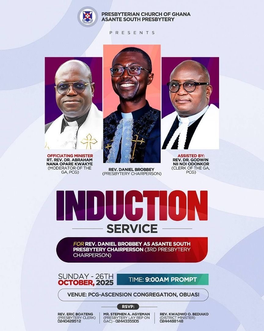 We are live in Asante South Presbytery, Obuasi, where the Chairperson, Rev. Daniel Brobbey’s induction is taking place at PCG Ascension Congregation. Stayed tuned for a live text update + telecast on #PCGTV.