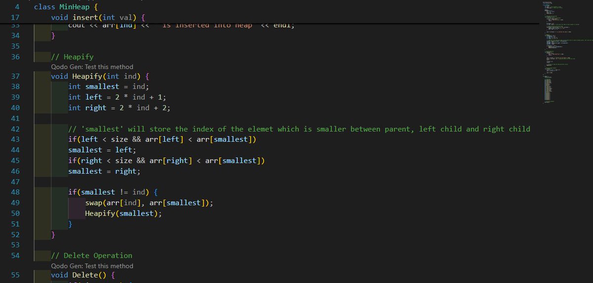 yashanshhhraj's tweet image. Day 3 of posting my DSA Journey with @rohit_negi9 Bhaiya.

What I learnt today:
1. Heap in DSA.
2. Implementation of MaxHeap in C++.

HW: Implementing MinHeap... Done✅

#DSA #TechTwitter #CodeSnippet #Programming