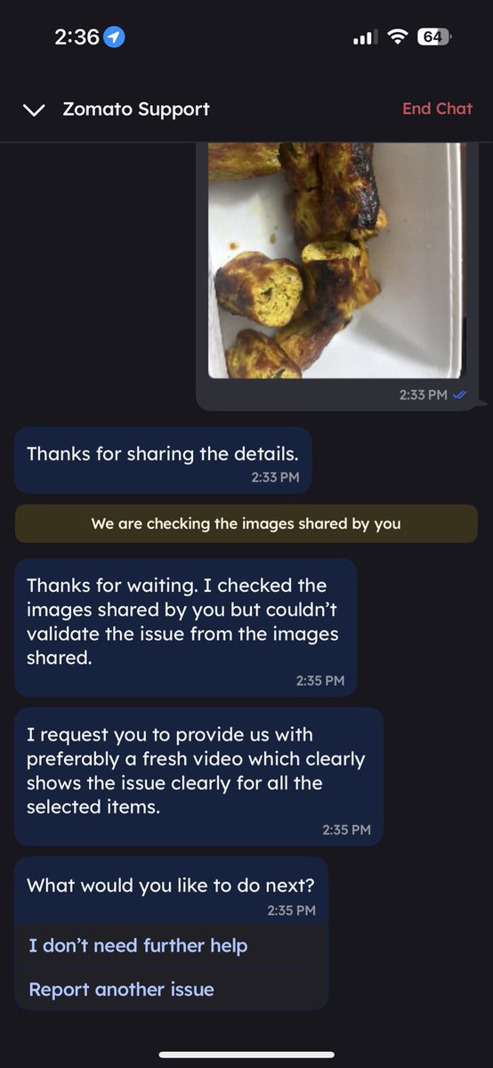 bhoopi27's tweet photo. @zomatocare food can be seen as burnt but still your team is not able to identify they need good lenses to identify I guess https://t.co/dml54I4BOe