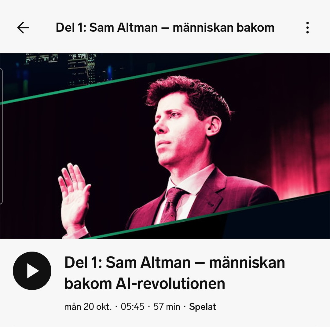 kentlundgren's tweet image. ...Lyssna först på: Del 1: #SamAltman – människan bakom AI-revolutionen  sverigesradio.se/play/avsnitt/2…  #nyaAI #generativAI