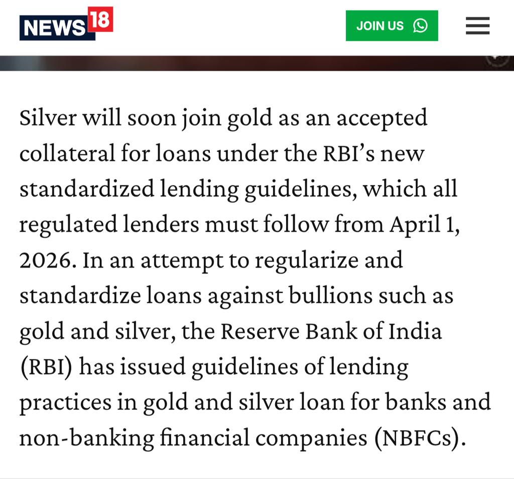 TruthBehindX's tweet photo. 🚨 Silver just got a glow-up in India! Starting April 2026, RBI lets banks & NBFCs accept silver jewelry/coins as loan collateral—like gold. Up to 10kg ornaments, 85% LTV on small loans. Rural folks, rejoice! No more selling heirlooms. 💍➡️💰 #SilverRevolution #RBI #FinTechIndia https://t.co/cMePrLoGNS