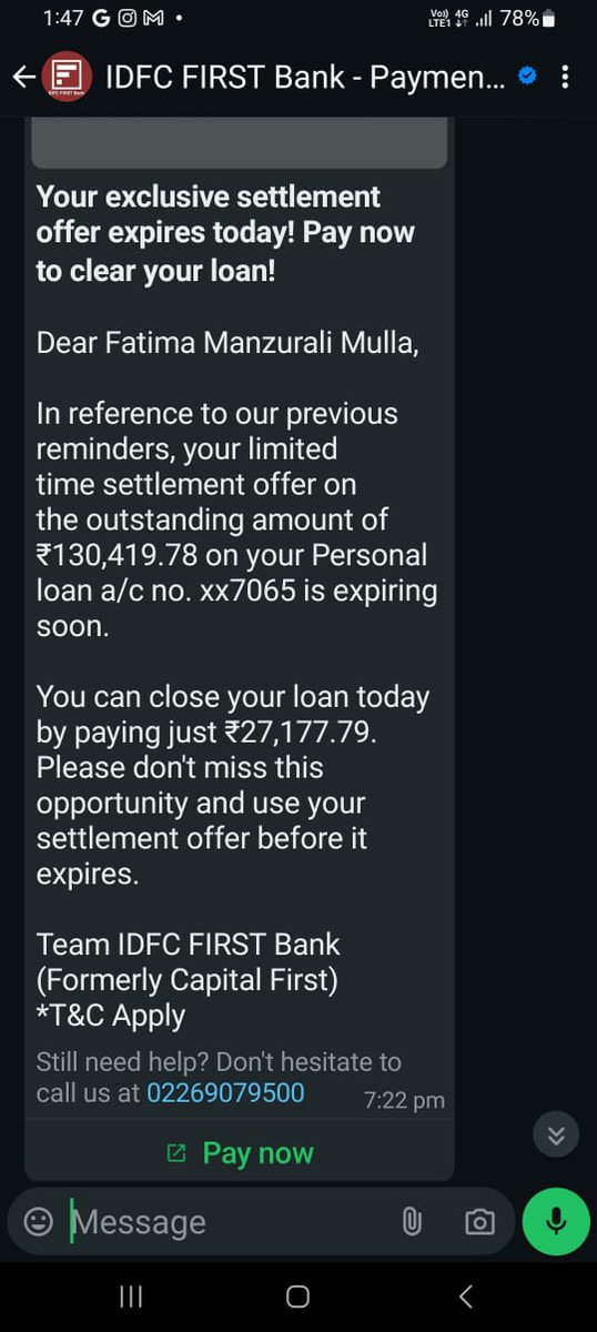 ManzuraliMulla's tweet photo. @IDFCFIRSTBank @RBI @cpgrams @DFS_India @FinMinIndia .. i informed idfc bank that we hv settled loan after IDFC send us msg and also send the screenshot of payment done. Now we got email that loan ending 7065 is pending. https://t.co/q2O0ZmFXyS