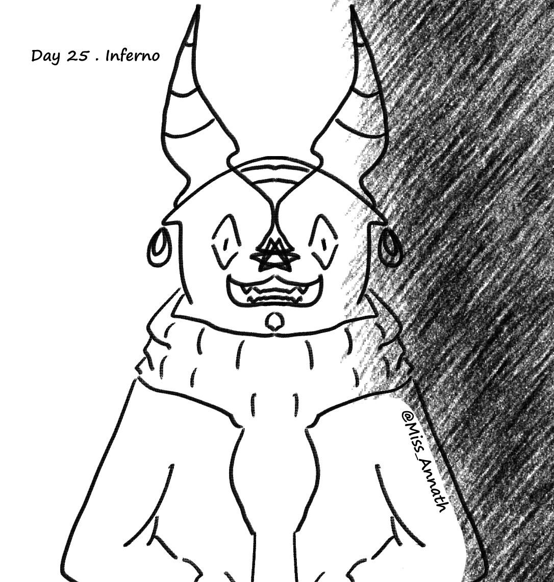 Miss_Annath's tweet photo. #inktoberday25 Inferno 

Mega late, but I won't give up, I hope. 
Lil quick sketch of an infernal stoner demon boi idk😭

#inktober_perfectchallenge2025 #Inktober2025 #Inktober #inktober2025inferno #artmoots #artmoot #antiai #noAI #Drawtober #drawtober2025 #Halloween2025 #art https://t.co/1WBQduq9jo
