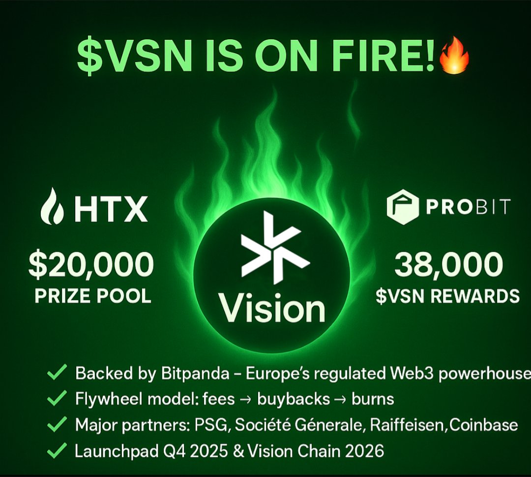 Master_Iota_Vsn's tweet photo. 🚀 $VSN is on fire!
🔥 @HTX_Global  & @ProBit_Exchange  are unleashing massive #trading battles:

🏆 $20,000 prize pool #HTX

🏆 38,000 $VSN rewards #ProBit

But here’s WHY Vision matters 👇
✅ Backed by @Bitpanda_global  #Europe’s regulated #Web3 powerhouse
✅ Flywheel model: fees → buybacks → burns 🔥
✅ Major partners ( #PSG, #SociétéGénérale, #Raiffeisen, #Coinbase link)
✅ Launchpad (Q4 2025) & Vision Chain (2026) ahead

⚡ Volatility + fundamentals = unstoppable momentum.
This is just the beginning...

@vsntoken 

#VSN #VSNSZN #Crypto #Rewards #airdrop