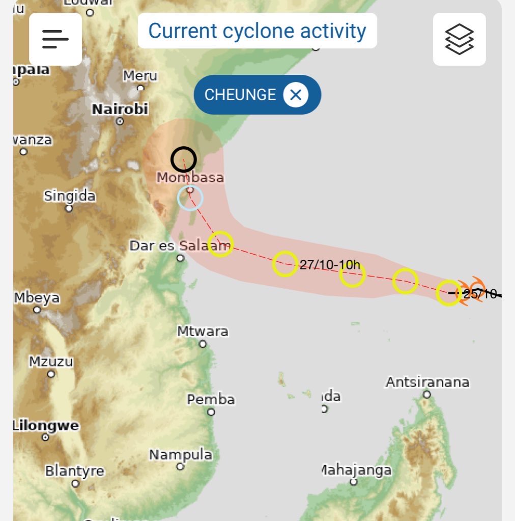 MeteoKenya's tweet photo. 🌪️ Statement on Low-Pressure System “CHENGE” (Residual Depression)
📅 Issued on 26th October 2025 at 0900HRS

The Kenya Meteorological Department (KMD) has issued a statement on the low-pressure system “CHENGE” (Residual Depression) currently over the southwest Indian Ocean.

CHENGE, located about 500 km north of Madagascar, continues to weaken as it moves west across the northern Mozambique Channel. Despite its weakening, the system’s proximity to the coast may influence local weather conditions over southern coastal Kenya and Tanzania early in the week.

🌧️ Heavy rainfall is expected over several parts of the country, with strong winds exceeding 25 knots possible along the south coast on Monday and Tuesday as the system dissipates.

⚠️ Advisory:
Residents, particularly in coastal regions and those engaged in marine activities, are urged to exercise caution, stay informed through official KMD updates, and take necessary preparedness measures.

📄 Read the full statement here 👇
🔗 https://t.co/K9tgxAXyMO

#KMD #CHENGE #WeatherAlert #KenyaWeather #IndianOcean #StaySafe #RainfallUpdate