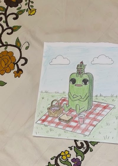 emmy_smith000's tweet image. A moment of serenity captured in color Wut enjoying a picnic, showing that happiness often blooms in life’s simplest scenes. @Groowut @itsafwog #wut #itsafwog $fwog