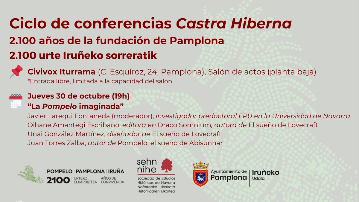 El próximo jueves a las 1⃣9⃣h cerramos el ciclo de conferencias Castra Hiberna sobre el 2⃣1⃣0⃣0⃣ aniversario de la fundación de Pompelo. 

🏛️ Tendremos una mesa redonda sobre cómo se ha recreado en la literatura la Pompelo de época romana.