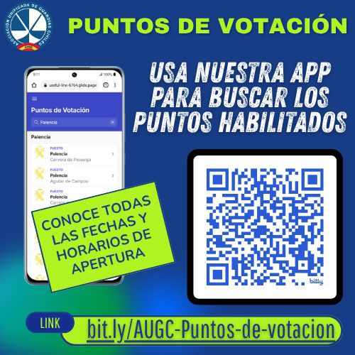 AUGC_AccionAsoc's tweet photo. ¿No sabes dónde votar o qué día está abierto el punto de votación?
Consulta en la app que #AUGC ha preparado para localizar los puntos de votación:
https://t.co/fuSEDdYRtZ…
#Contigo #HechosYNoPalabras #DefendemosTusDerechos #OrgulloAUGC #FuerzaColectiva #VotaAUGC https://t.co/CxIGCQabRt