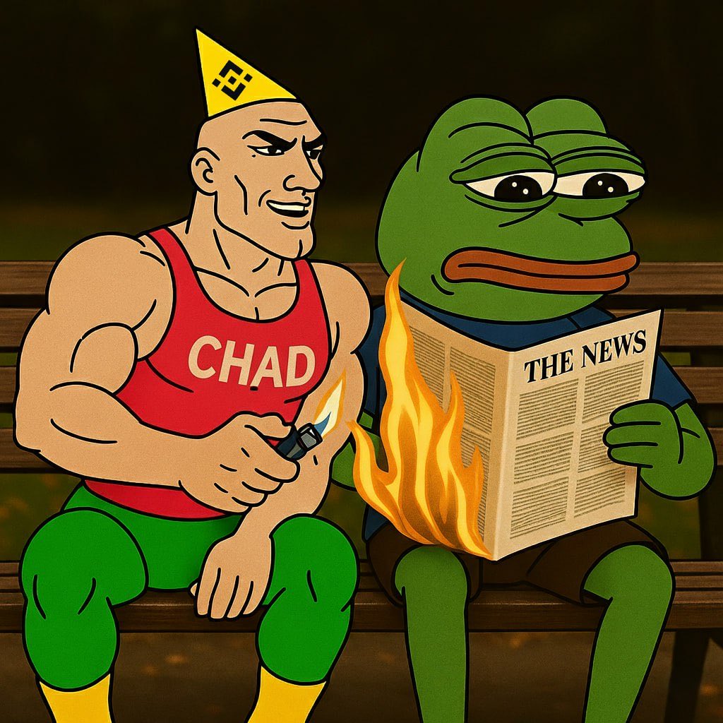 신문에 불을 붙이는 Chad 캐릭터 옆에 슬픈 Pepe 개구리