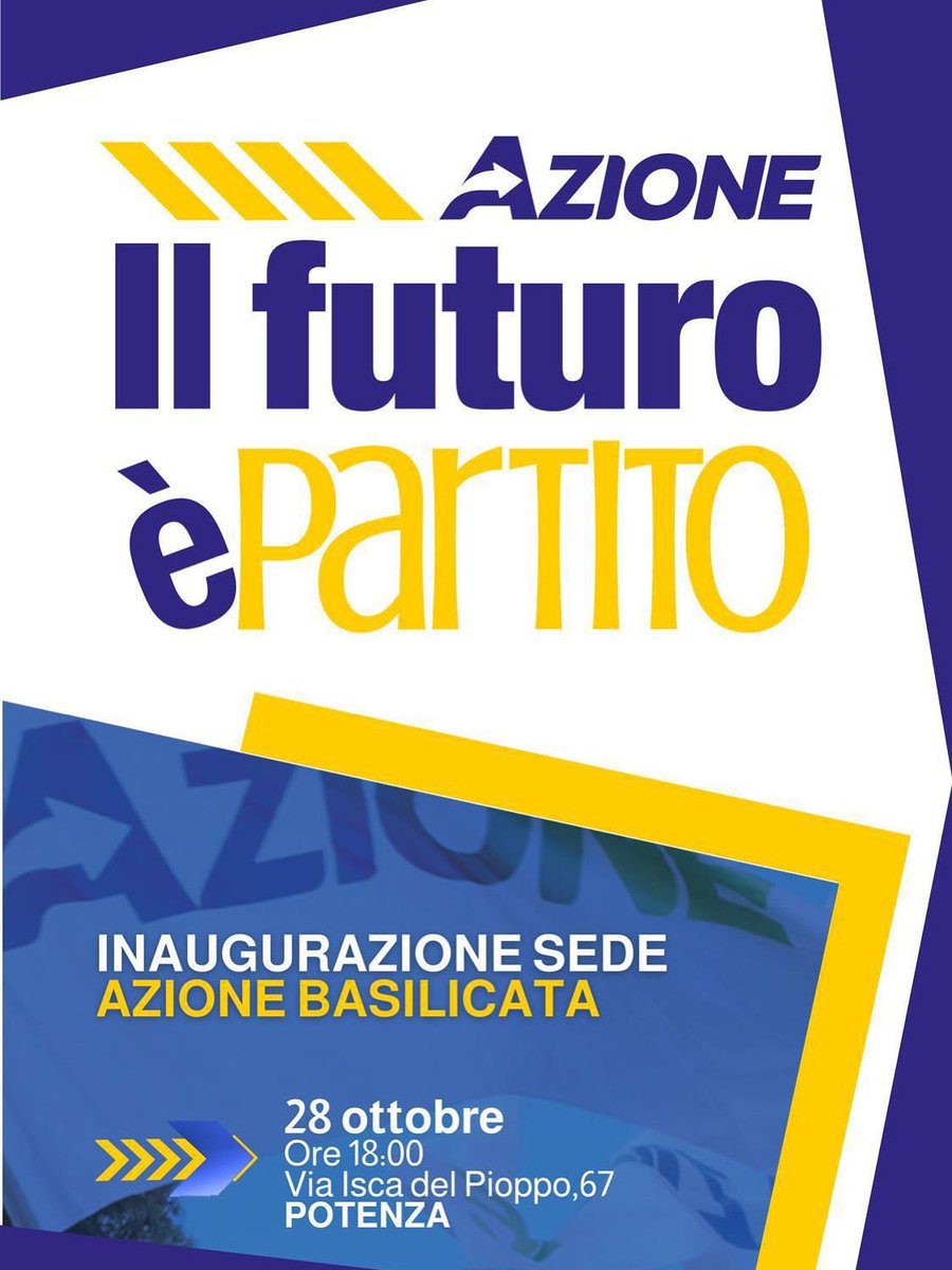 BasilicataA's tweet photo. Martedì 28 ottobre alle 18 inauguriamo la nuova sede di Azione a Potenza, in via Isca del Pioppo 67. 

Un luogo per fare politica seria, concreta e competente, aperto al confronto con i cittadini e per costruire proposte per la Basilicata. https://t.co/TR0zUmKZrW
