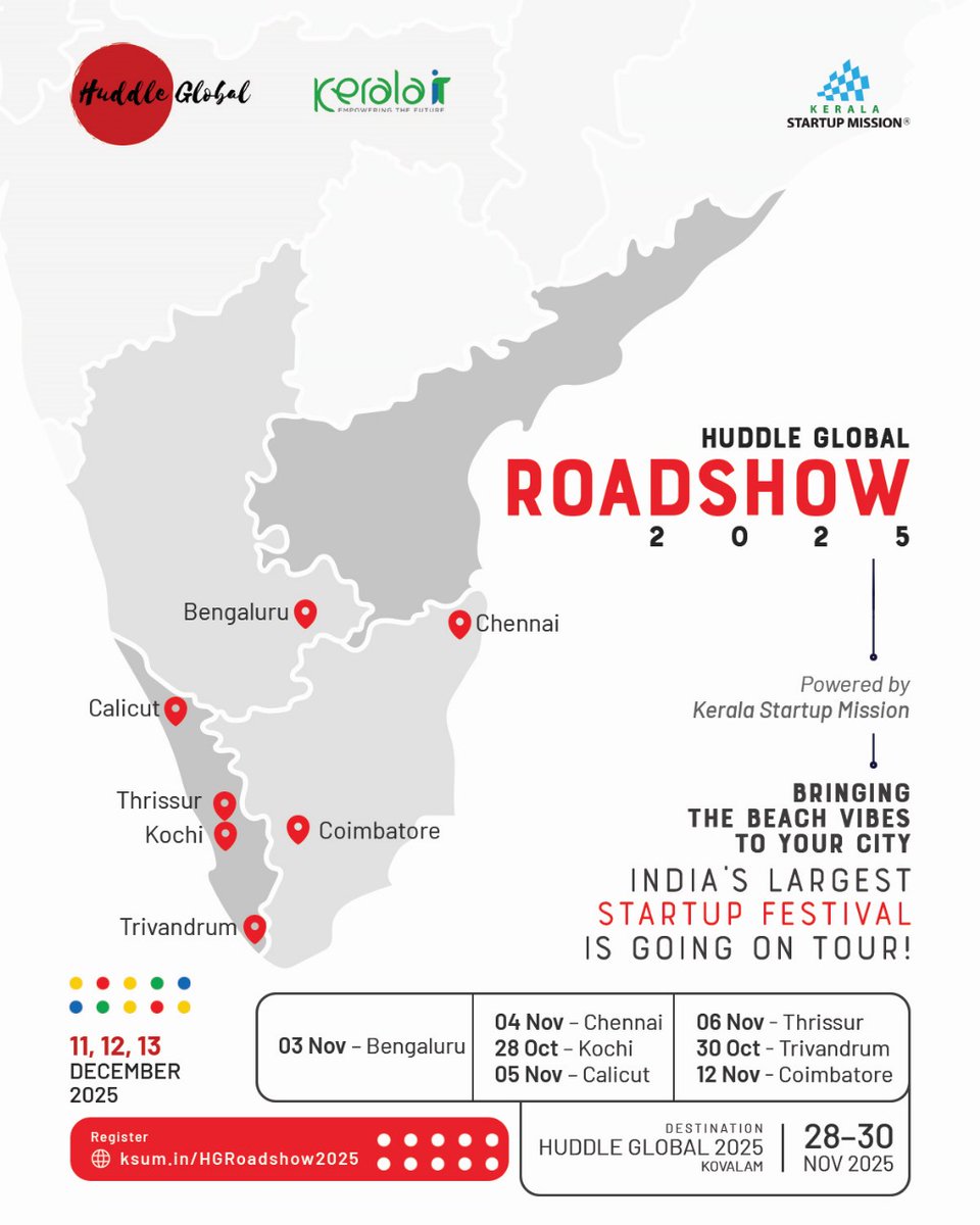 startup_mission's tweet photo. Huddle Global Roadshow 2025 | Powered by Kerala Startup Mission

Experience the energy of Huddle Global as it comes to your city, bringing ideas, insights, and inspiration from India’s vibrant startup ecosystem.

📍 Register now: https://t.co/SJITIyIIY5
#HuddleGlobal2025  #KSUM https://t.co/Y6G6GsNu08