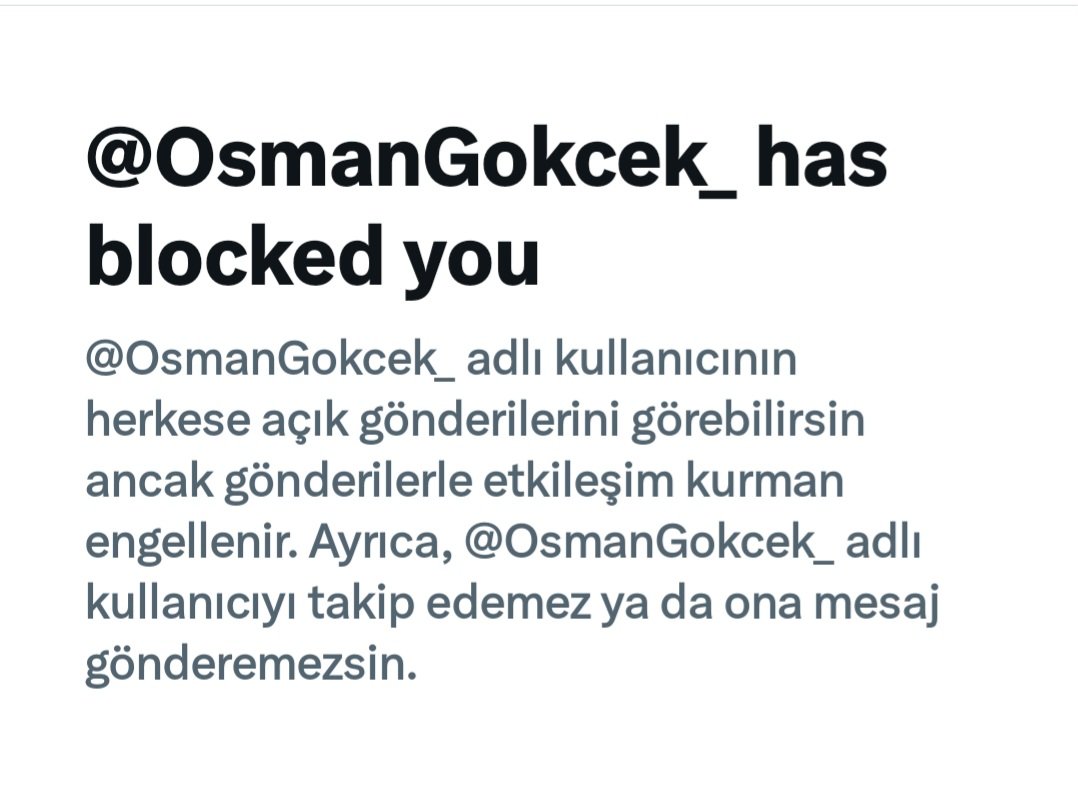 Ankarada yaşanan su kesintileriyle ilgili paylaşımının altına yorum yapmıştım ilk kez. Arkadaşın gücüne gitmiş beni engellemiş 🤣
Sanıyor ki engelleyince susacağım 🤷🏻‍♀️ #OsmanGokcek