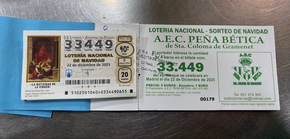 betikolomense95's tweet photo. Tenemos disponibles los talonarios de lotería de navidad para todo aquel que quiera probar suerte y colaborar con nuestra Peña Betica de santa Coloma 💚
Participaciones de 5€ (1€ donativo incluido)
También décimos completos 
SUERTE Y MUCHO BETIS!!!!💪🏼💚
#santacoloma
#Betis https://t.co/fDMRAhP96v