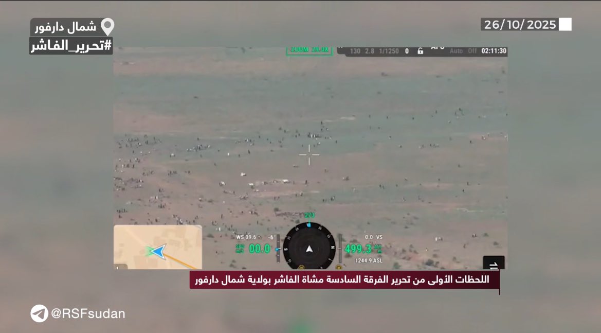 Footage released by the RSF shows what appears to be a large number of people fleeing, confirming reports that thousands were forced to escape the city after intense fighting around the 6th Division area in El Fasher this morning.

#KeepEyesOnSudan 
#ElFasher