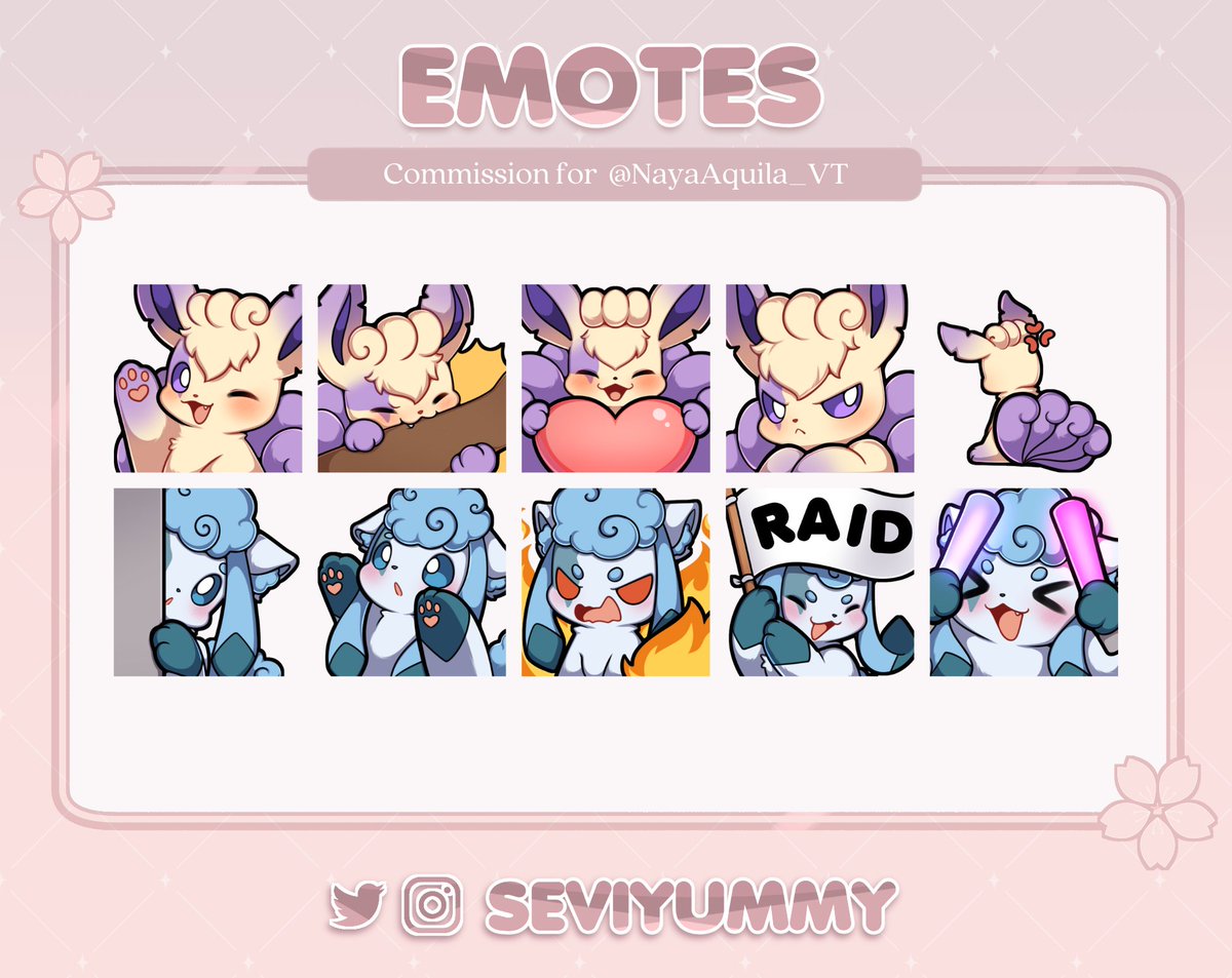 SO this WAS for winter and spring but I love them so much I'm showing them off now!! I cannot explain my joy in working with <a href="/SeviYummy/">Sevi 🌸🌿</a> I've been obsessed with their art for the longest time and I hope I'll be able to work with you again on emotes for my other Esp evolution