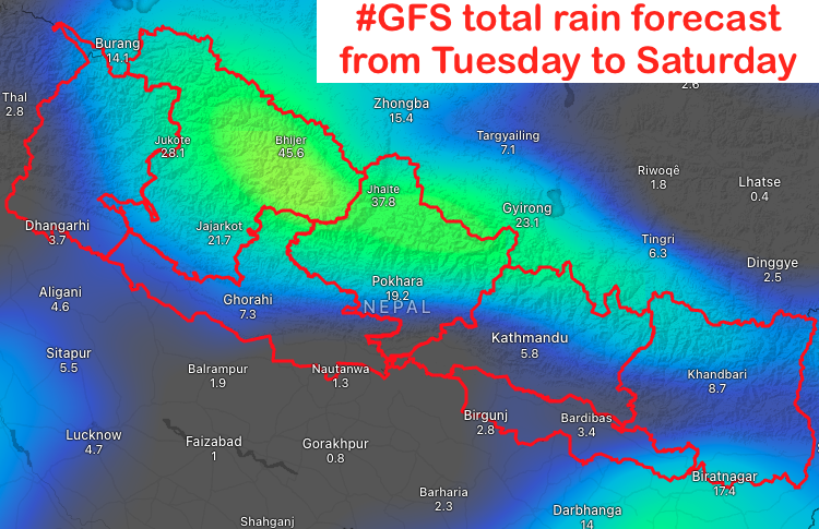 BinodClimate's tweet photo. आशा गरौ यो पुर्बानुमान गलत हुन्छ !
अहिलेको Forecast हेर्दा त मधेशमा खडेरी संग संघर्ष गरेर रोपेको धान काट्ने बेला सकाउला जस्तो छ त मंगलबार/बुधबार देखिको बर्षाले
Recent forecast shows very heavy rain in Madhesh and eastern #Nepal with precipitation all over the country👇#StayAlert https://t.co/otSgfIYZCq