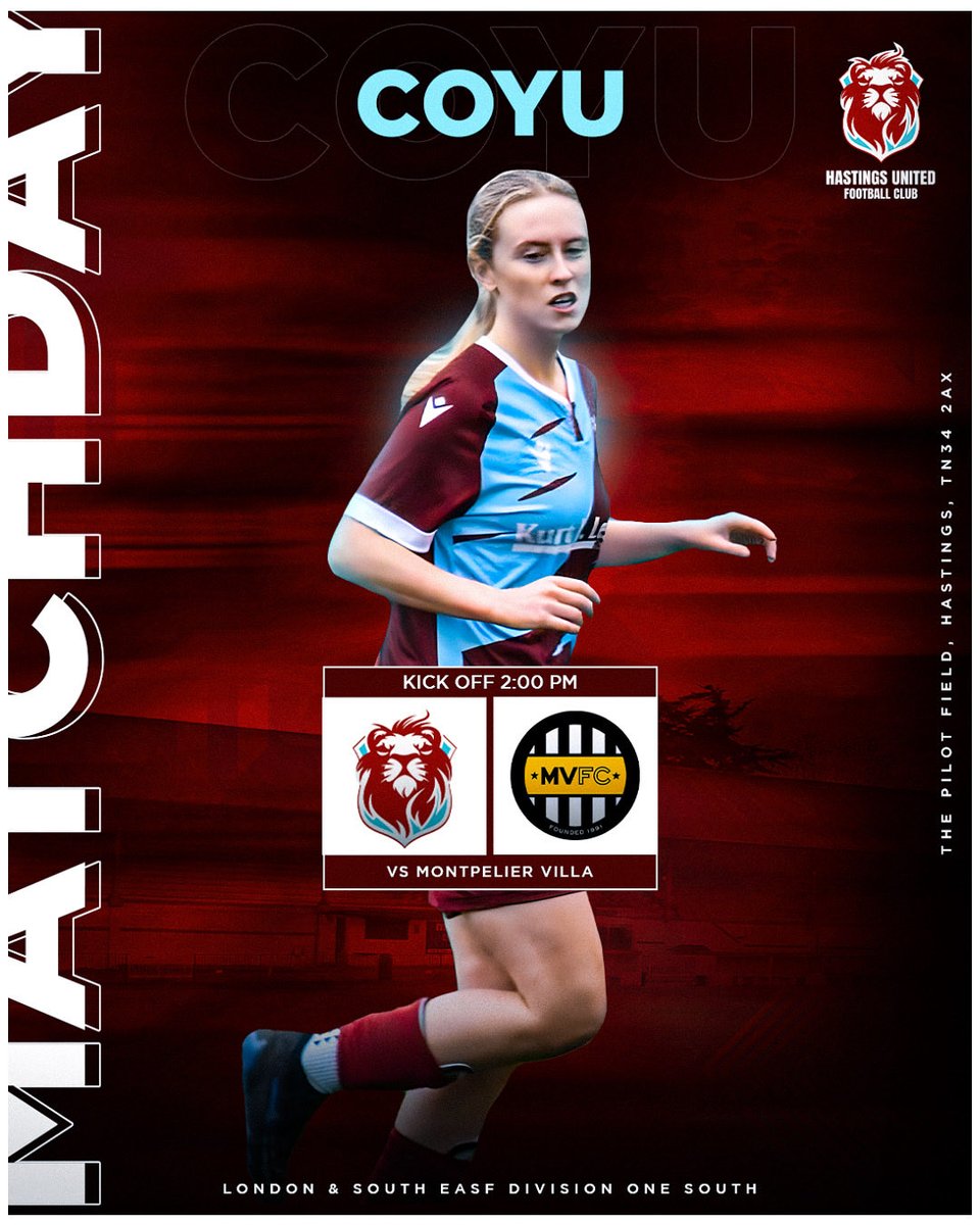 HastingsUFCW's tweet photo. 𝑴𝑨𝑻𝑪𝑯𝑫𝑨𝒀

🆚 @MVWFC 
🗓️ 26th October 2025
🕒 2pm
🏟️ The Pilot Field, TN34 2AX
🏆 LSERWFL Div 1 South
🎟️ General Admission £4 | Under 16 FREE

#COYU https://t.co/yZqGNSRe1Y