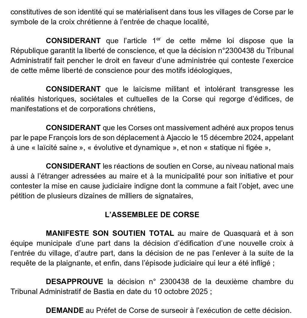 Retrouvez notre motion de soutien au maire de #Quasquara concernant la croix ✝️ édifiée à l’entrée du village.
L’Assemblée de Corse se positionnera ce vendredi ⤵️