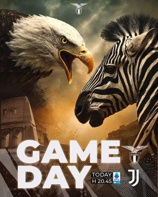 Dramatic graphic shows a fierce eagle with spread wings and open beak facing a zebra with intense eyes both set against a sunset sky and ancient Roman columns in the background bold white text GAME DAY prominently displayed with Lazio eagle emblem above and Juventus zebra emblem below time 20:45 in blue circle