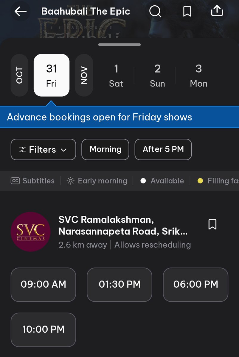 #BaahubaliTheEpic bookings open 🥳 
Fans show planned for 1st show (6.00 pm)
#Prabhas