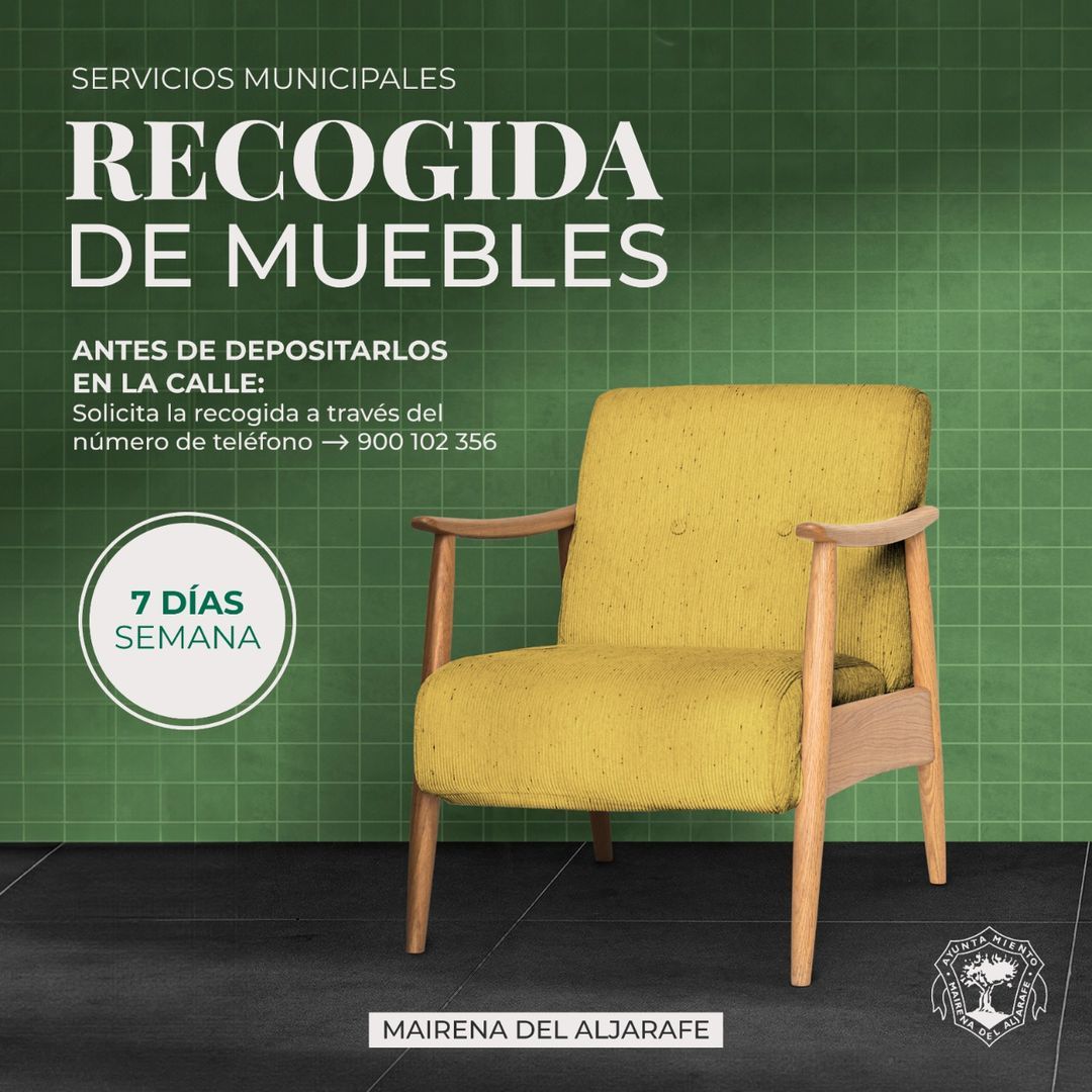 🪑Si estás renovando tu casa, se ha roto un mueble, o simplemente quieres volverte más minimalista, puedes hacer uso del nuevo servicio de 𝗿𝗲𝗰𝗼𝗴𝗶𝗱𝗮 𝗱𝗲 𝗺𝘂𝗲𝗯𝗹𝗲𝘀 municipal.

🗓️ Ahora, disponible los 7 días de la semana, solo tienes que llamar al 900 102 356 📞