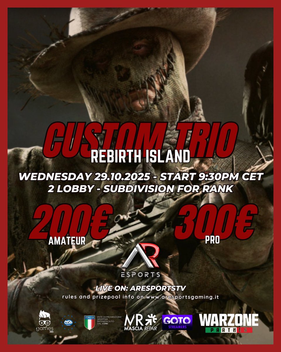 🏆CUSTOM TRIO REBIRTH

🗓️ | 29 OCTOBER 9:30PM CET
🔥 | SUBDIVISION FOR RANK
😈 | PRIZEPOOL AMATEUR 200€ FLEX
💀 | PRIZEPOOL PRO 300€ FLEX
📍 | HOST EU
🔴 | COMMENT FOR SPOT

#warzone #callofduty #champs