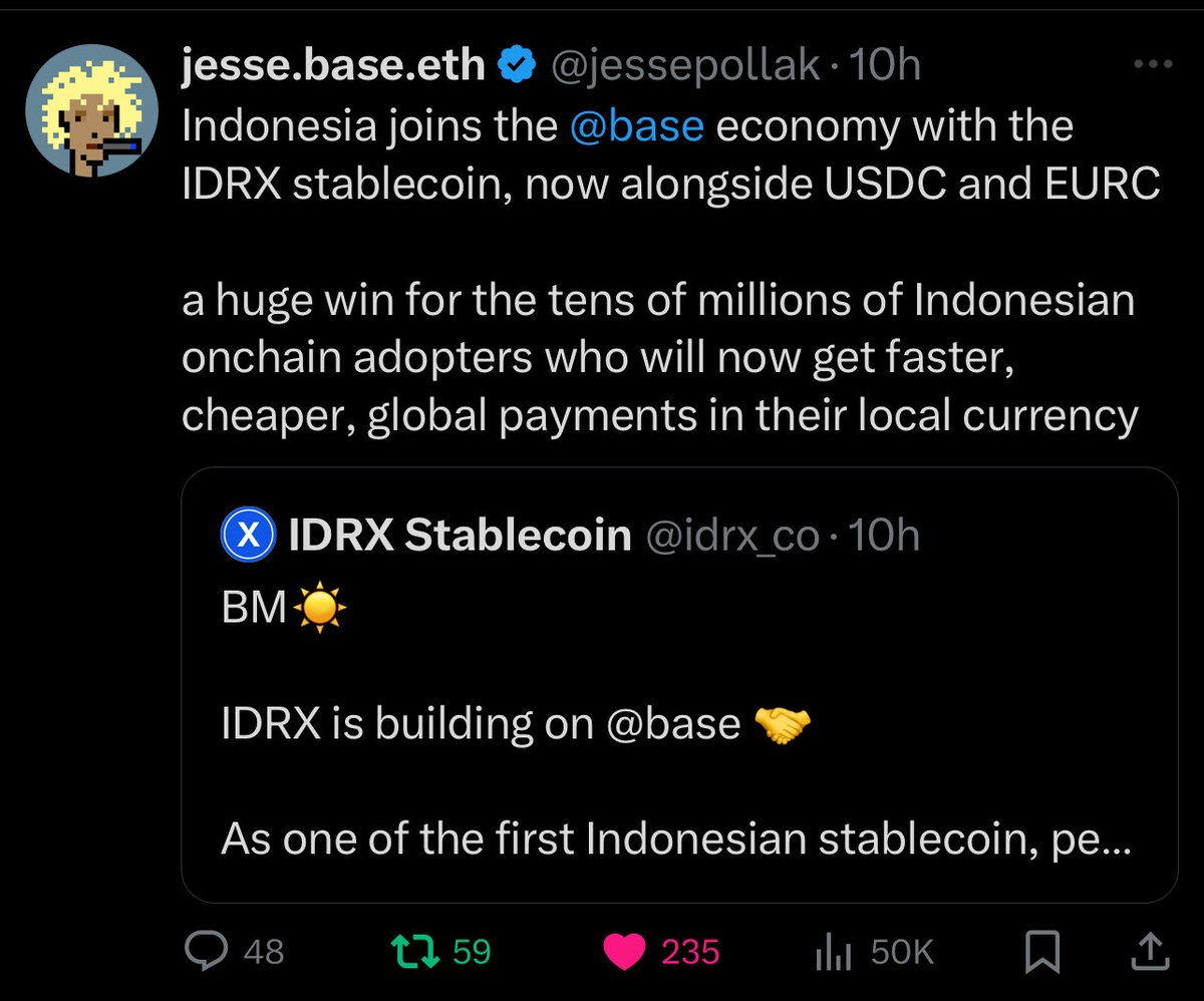 IDRXがBaseで利用可能になったことを発表するJesse Pollakのツイートのスクリーンショット