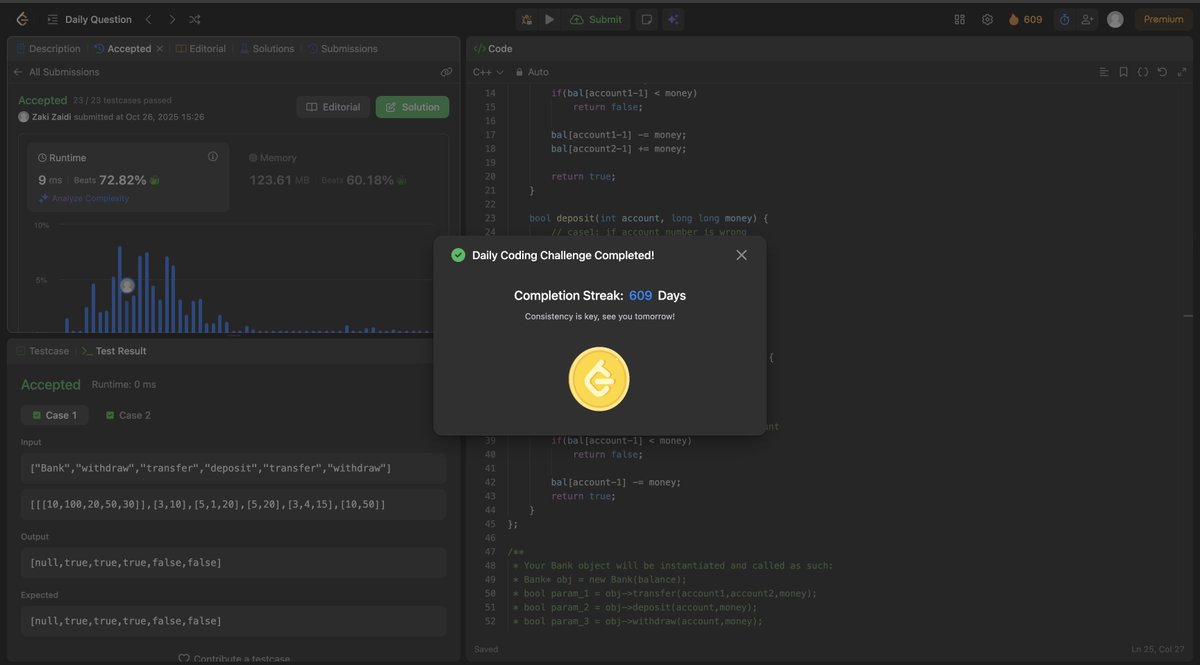 zakizaidi55's tweet image. 609 days of coding on LeetCode 🔥
Every single day — one step closer to mastery.
Consistency &amp;gt; Motivation.
#LeetCode #CodingStreak #DSA #100DaysOfCode #Developers #CodingJourney #SoftwareEngineer #Tech