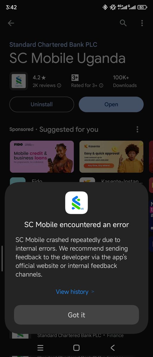 nmpanga's tweet photo. @StanChartUGA Do you know about these failures following yesterday's maintenance works on the Mobile App?
If yes,when can the fix be expected? https://t.co/pqNPZ8taJX