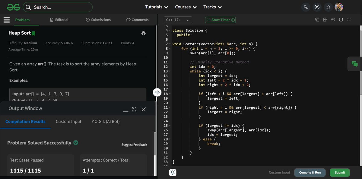 rubayedahmed_'s tweet image. 🧠 Day 170 - #DSA  
Today I explored: 
• Build Max & Min Heap in O(n) using the step-down approach .
• Heap Sort (O(n log n), O(1) space) 
• Priority Queue fundamentals
#DSA #Heap #HeapSort #Coding #Algorithms