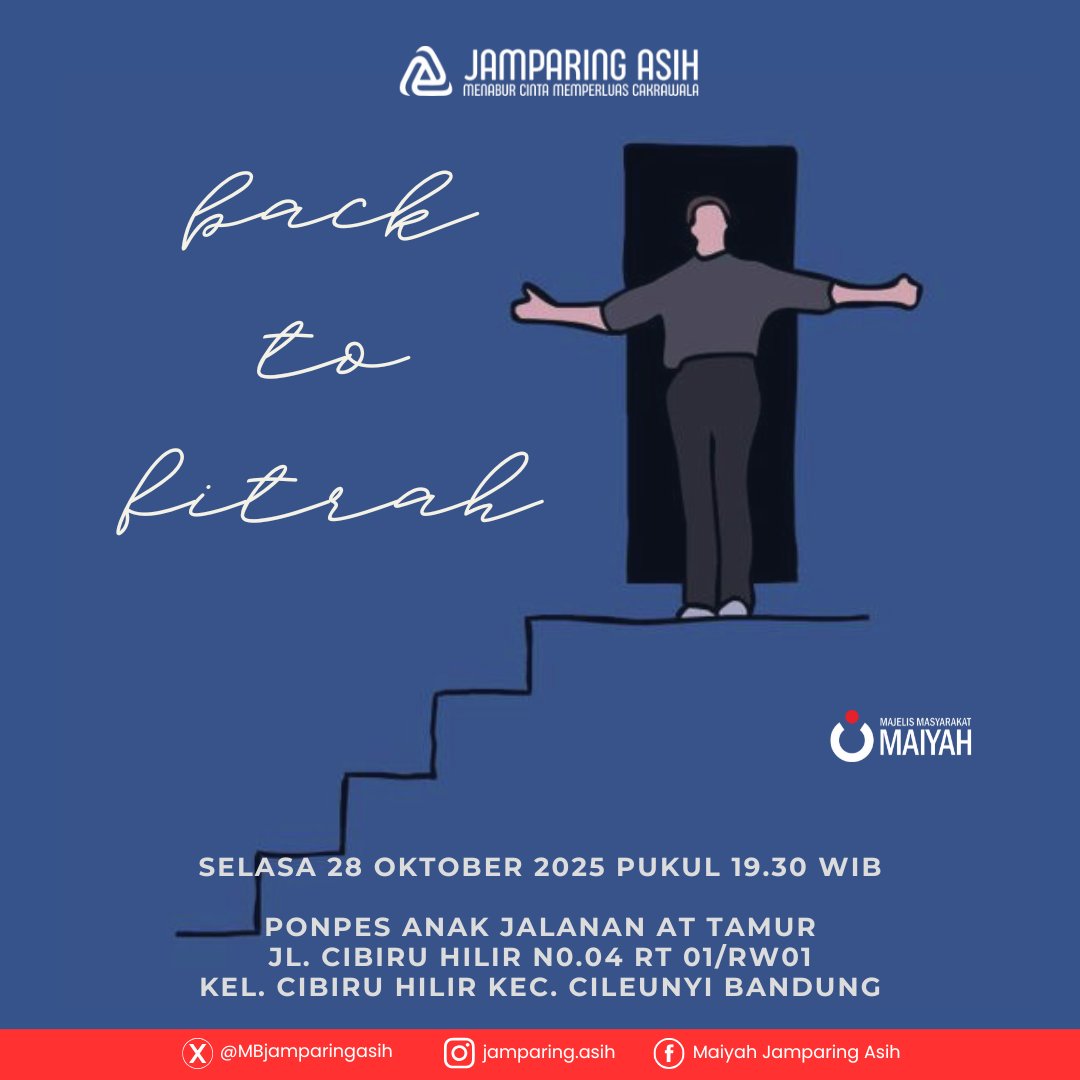 Majelis Masyarakat Maiyah : JAMPARING ASIH | BACK TO FITRAH | Selasa 28 Oktober 2025 | Pukul 19.30 WIB | Ponpes Anak Jalanan At Tamur | Jl Cibiru Hilir No 4  RT 01/RW 01 Kel Cibiru Hilir Kec Cileunyi Bandung

#JAOktober2025
#JamparingAsih
#MajelisMasyarakatMaiyah
#Bandung
