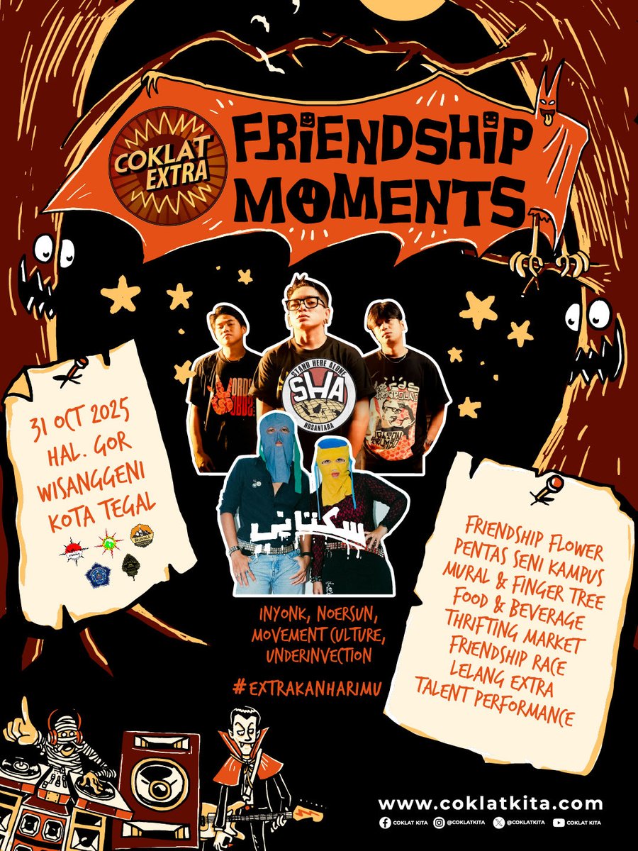 🚨Calling out Coklat Friends Tegal!

Akhirnya yang ditunggu dateng juga nih!
Coklat Extra Friendship Moments siap ramein kota lo bareng <a href="/standherealone/">ikan</a> dan @sukatani.band!🔥

Masih kurang? Tenang, ada penampilan dari :
1.Noersun
2.Movementculture
3.Inyong
4.Underinvection

Save