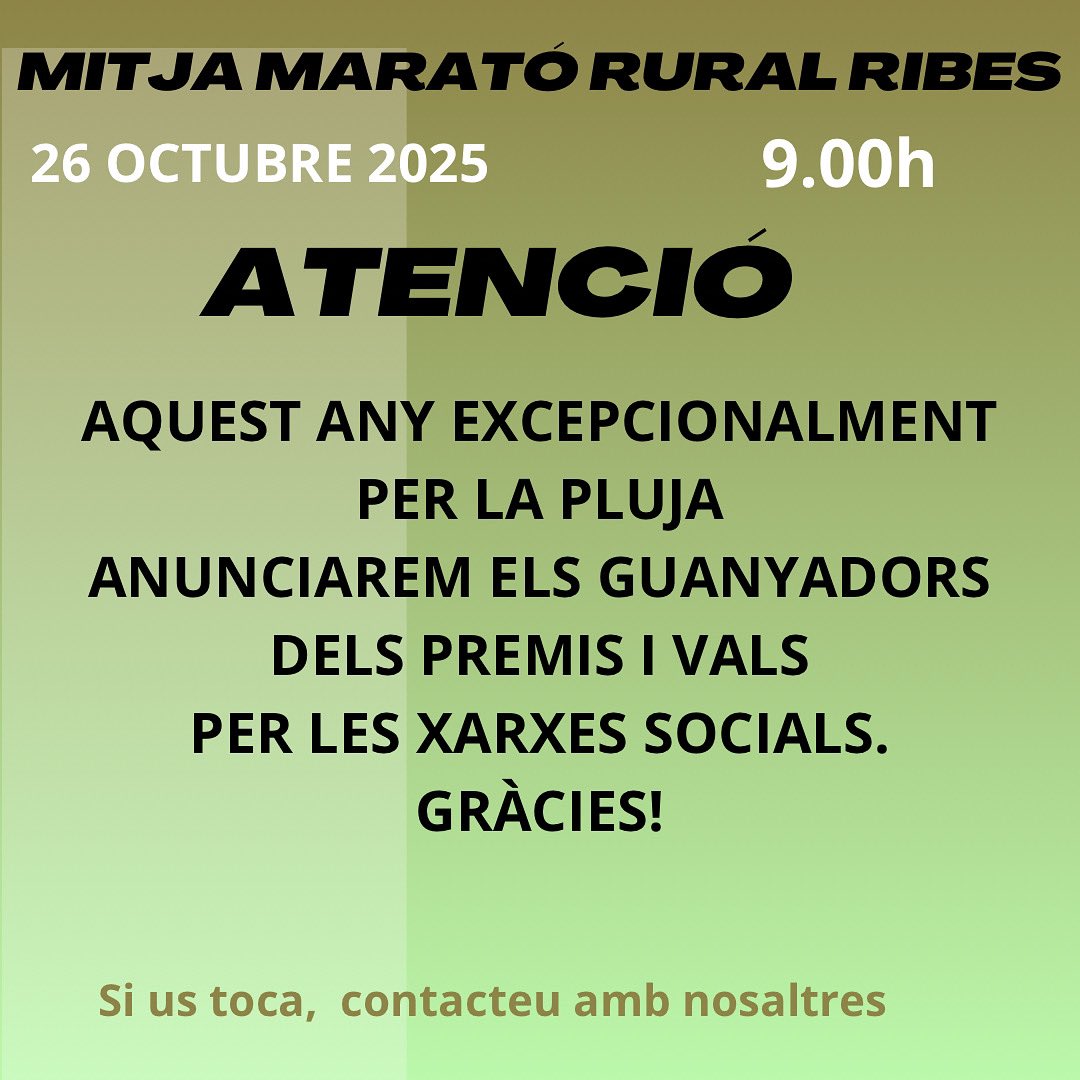 A les 12 farem el sorteig, 
però degut a la pluja, si no hi sou, 
no us preocupeu que ho anunciarem a les XARXES SOCIALS! 
Gràcies per venir tot i la pluja!