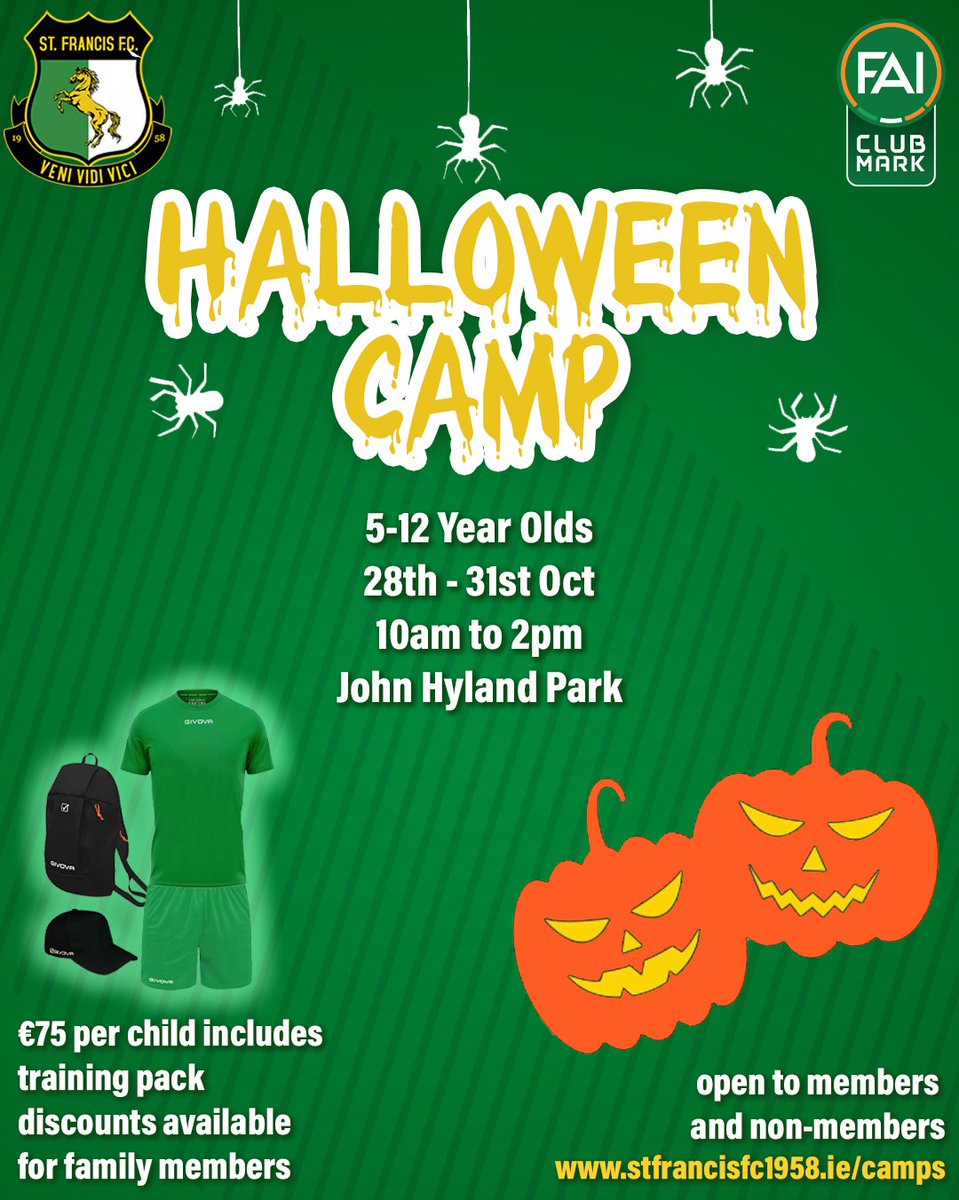 LAST CHANCE to book your spot on our Halloween Camp starting Tuesday!!

⚽ Plenty of fun ✅ 
⚽ Develop football skills ✅  
⚽ Includes Training Pack ✅ 
⚽ Family Discounts ✅ 

Book your place using the link below 👇 
hub.klubfunder.com/StFrancisFC/pa…